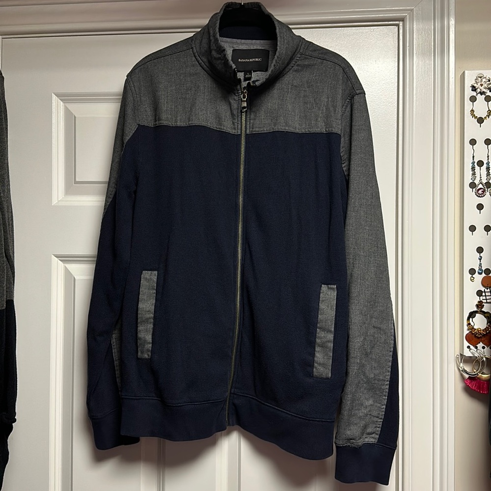 Banana Republic Navy and Grey Colorblock Zip Up Size L